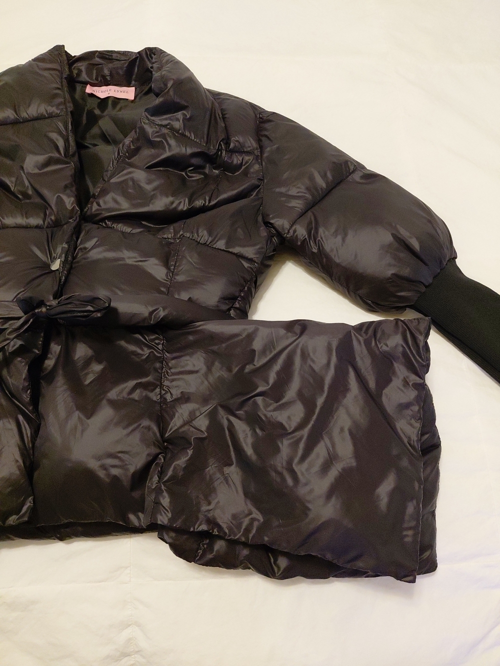 Nichole Lynel Puffer Jacket Black Sz S Snap Closure Belt EUC - Picture 3 of 8